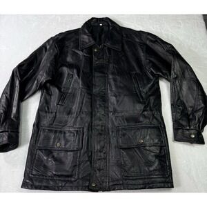 Vintage Leather Car Coat Jacket Retro Mens Large Full Zip‎ Snap Stitched Art Y2K